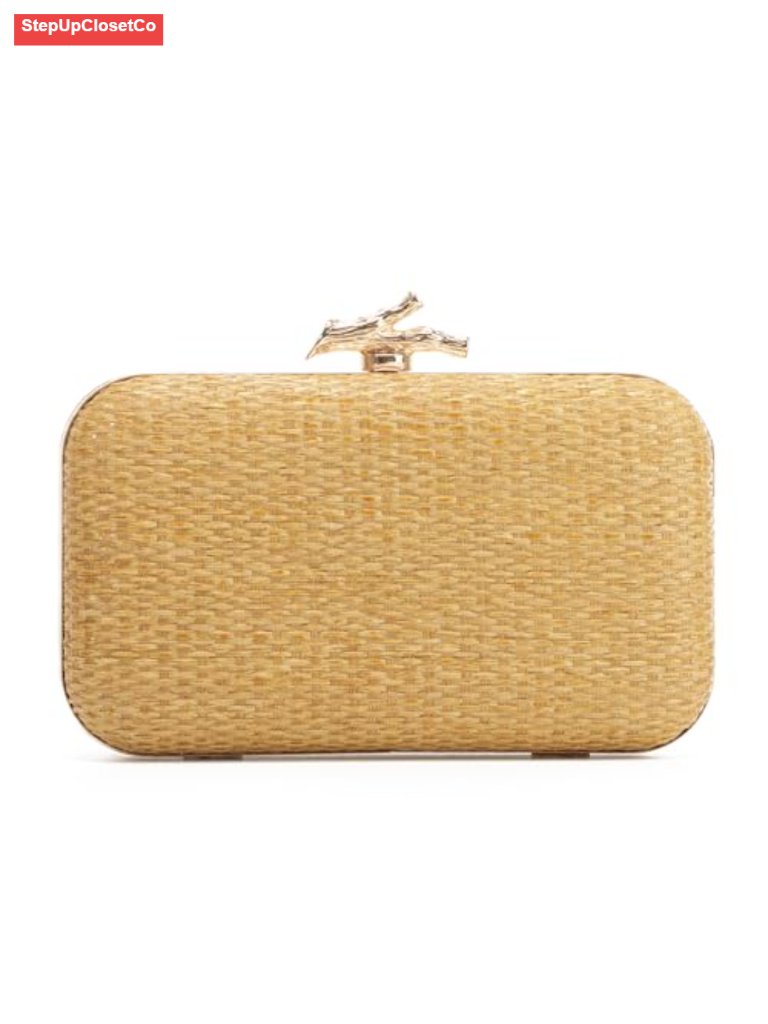 Woven Straw Clutch Purse For Women Formal Summer Evening Bag Metal Chain